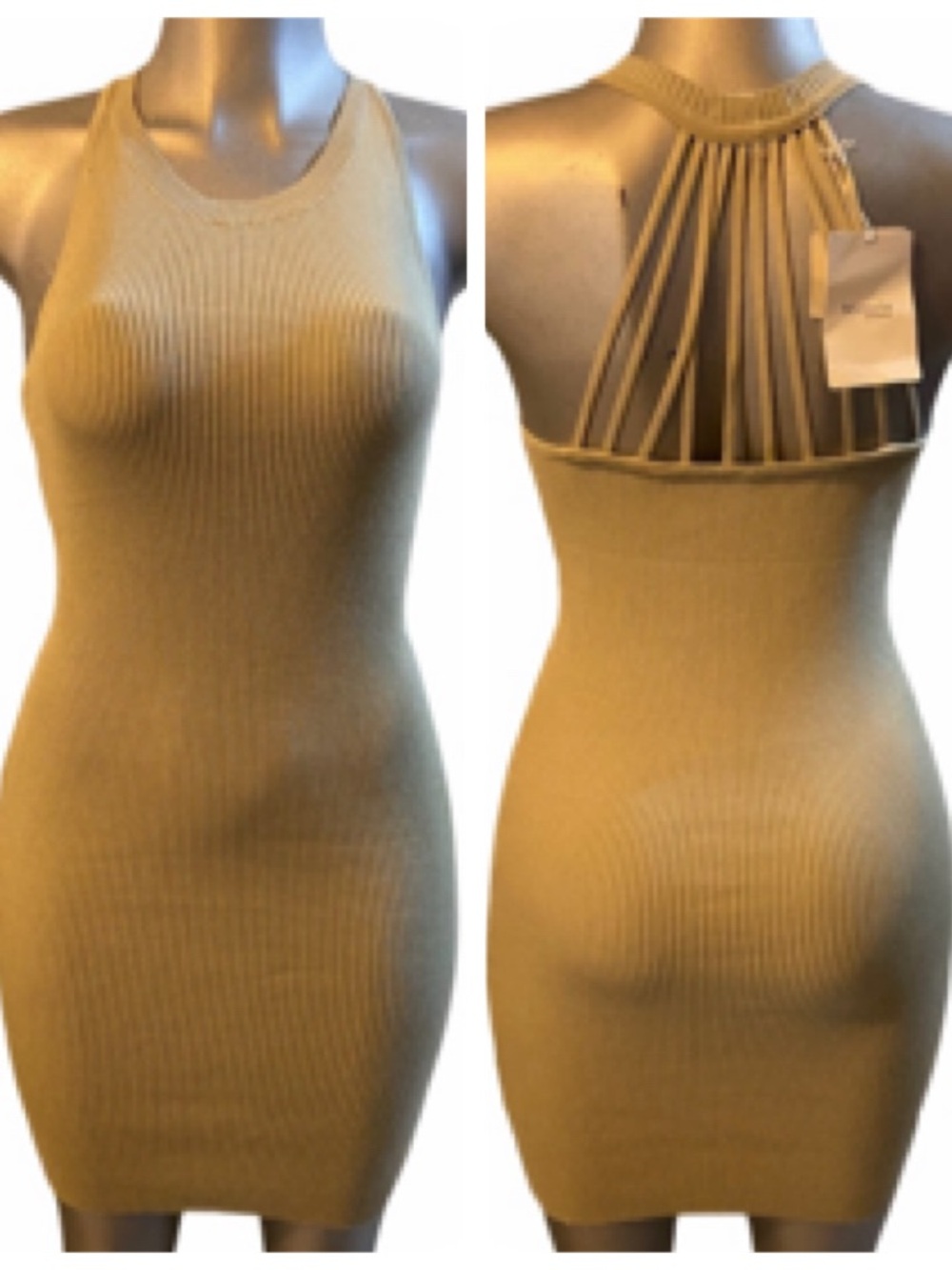 Miracle Sweater Dress Bodycon Mini Fitted Beige Sleeveless Ribbed Bandeau Sz M/L